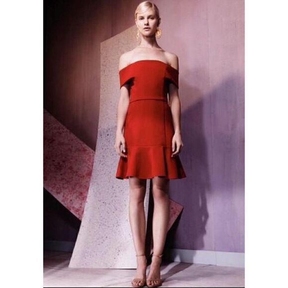 NWT $495 N NICHOLAS Red Ponte Knit Off Shoulder Mini Dress - Size 6 - Picture 3 of 7